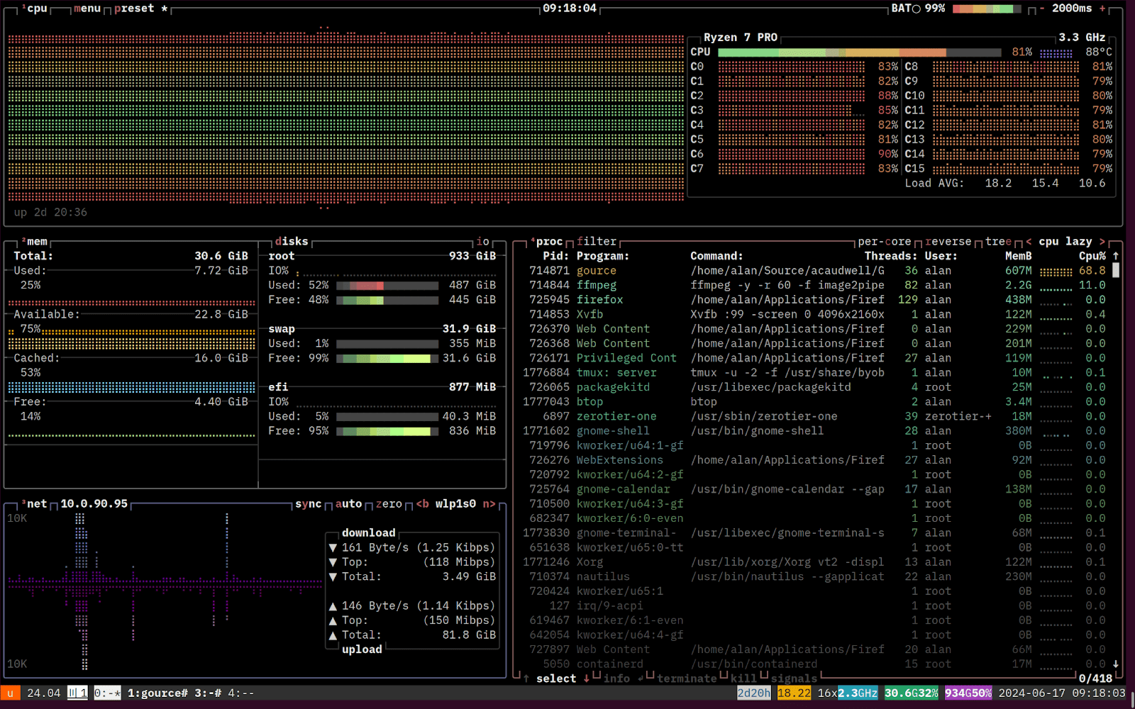 Screenshot of 'bottom' running in a terminal window on Linux.