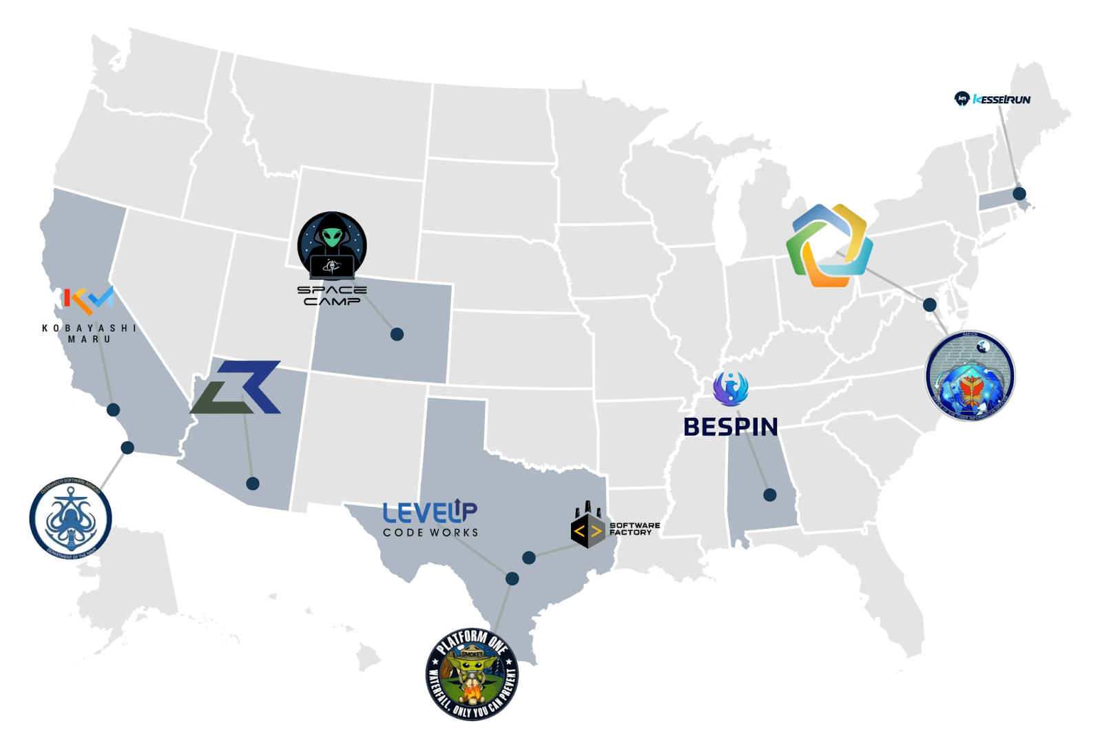 Map of all DoD software factories in the US.