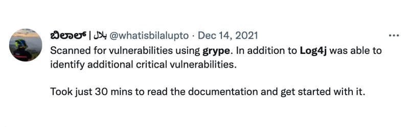 tweet about using Grype to find log4j vulnerability