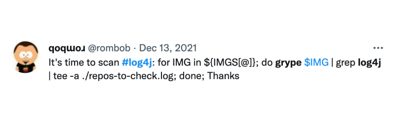 tweet about using Grype to find log4j vulnerability