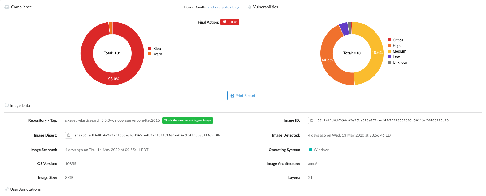 Anchore vulnerability report of windows container