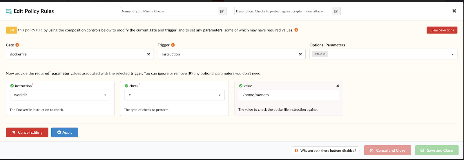Editing Policy Rules WORKDIR Crypto Mining Check
