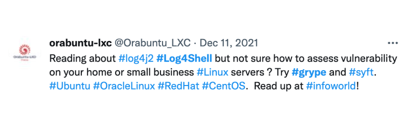 tweet about using Syft and Grype to find log4j vulnerability