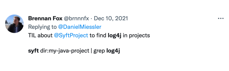 tweet about using Syft to find log4j vulnerability