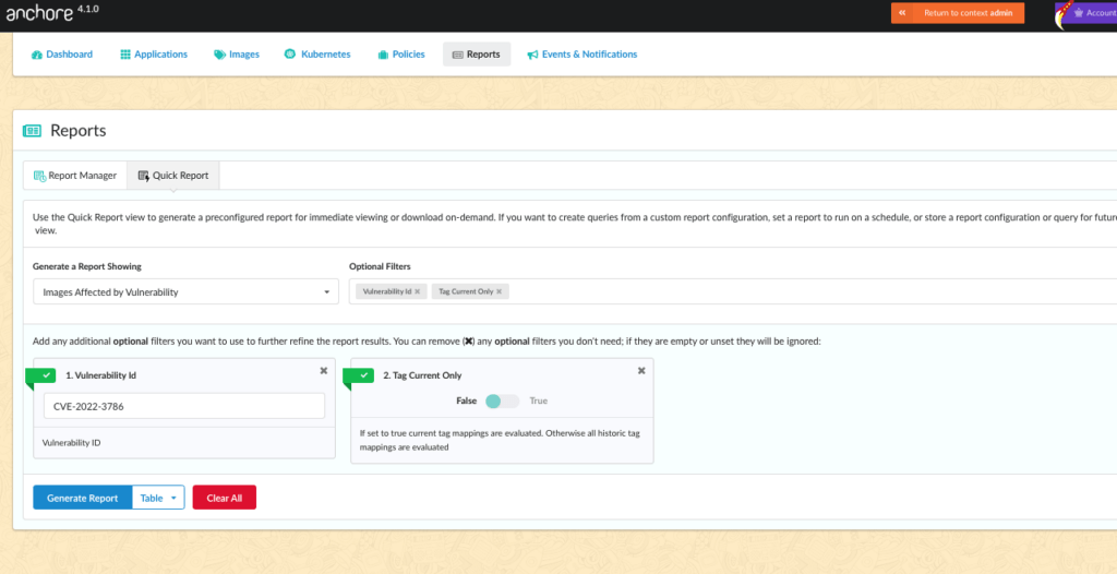 Quickreport window in Anchore Enterprise