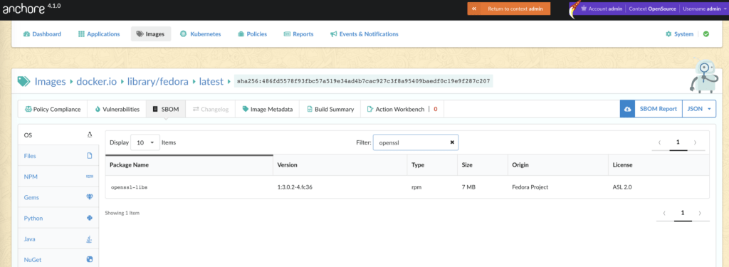 Anchore Enterprise search for OpenSSL