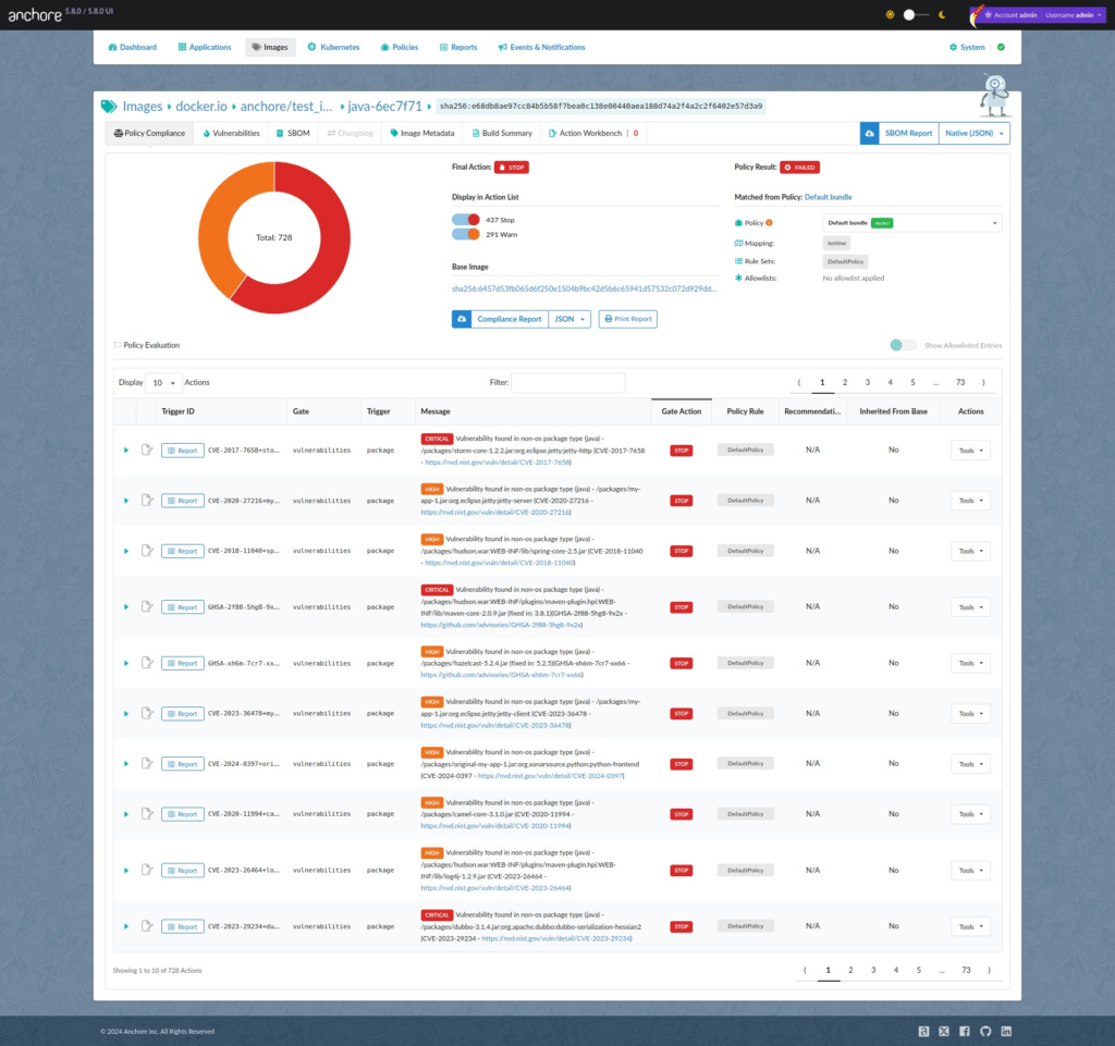 Anchore Enterprise 5.8 vulnerability scan report with policy enrichment and policy actions. All software dependencies are matched against the CISA KEV catalog of known exploitable vulnerabilities and the assigned action is reported in the dashboard.