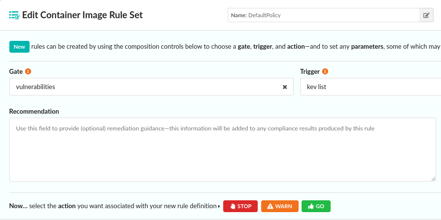 Anchore Enterprise dashboard policy engine rule set configuration showing vulnerabilities as the gate value and the CISA KEV catalog as the trigger value.