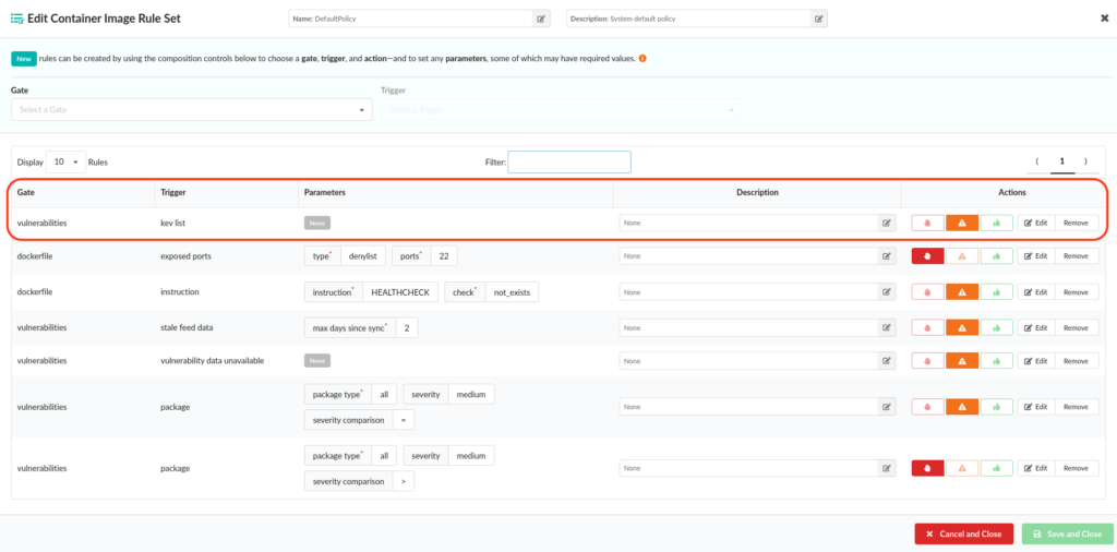 Anchore Enterprise 5.8 policy engine dashboard showing all rules for the default policy including the CISA KEV catalog rule at the top (highlighted in the red square).