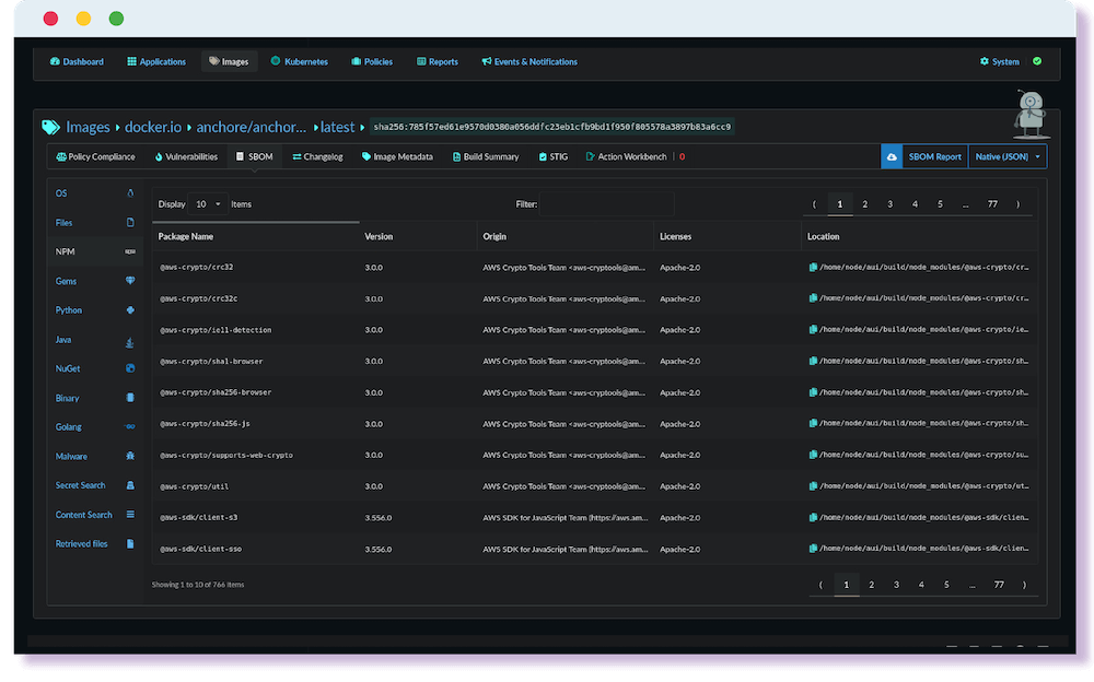 SBOM UI of Anchore Enterprise