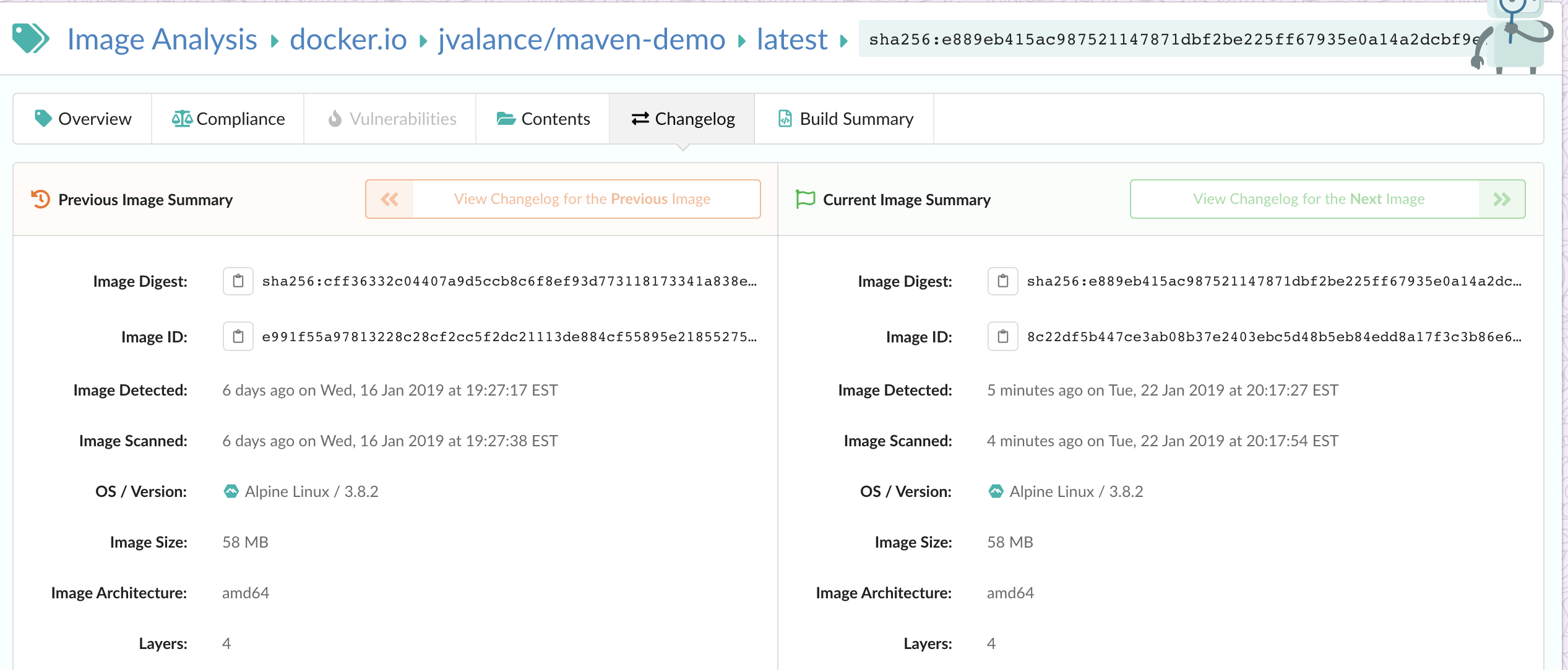 View changelog in Anchore to confirm modification made to vulnerability.