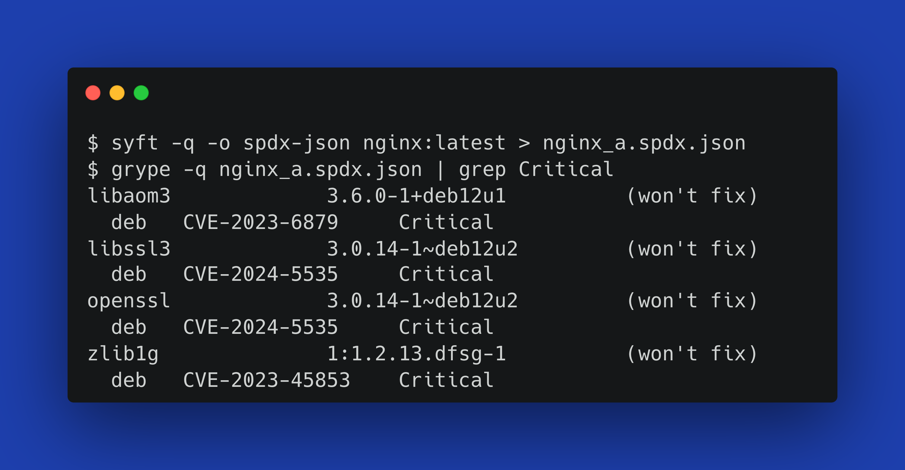 Terminal running Syft and Grype on Debian vulnerable distro